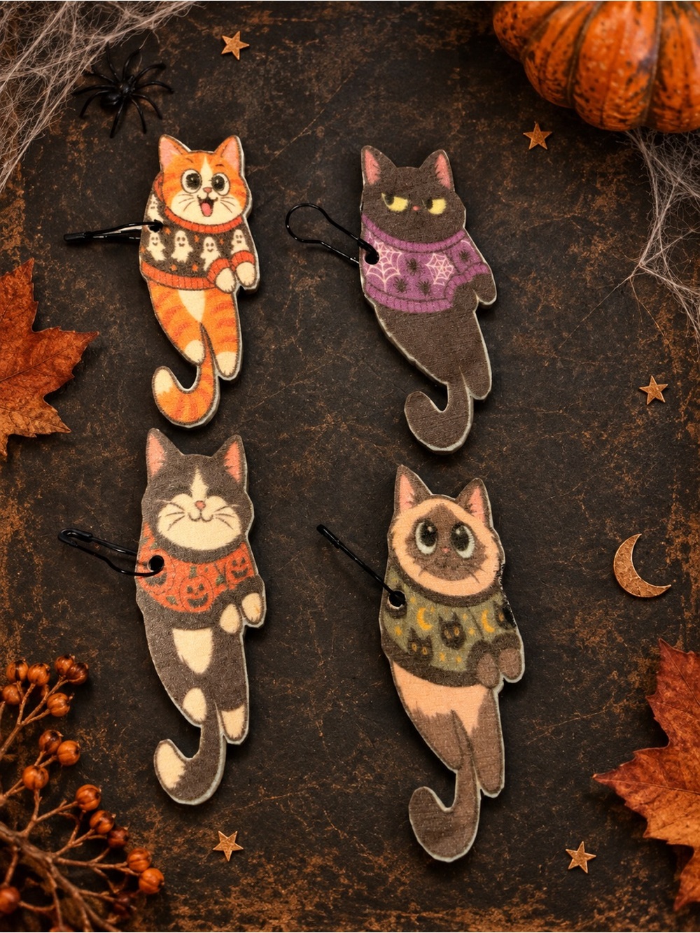 4 Halloween Cat Wooden Journal Charms Handmade Kitty Dangles with Gift Bag